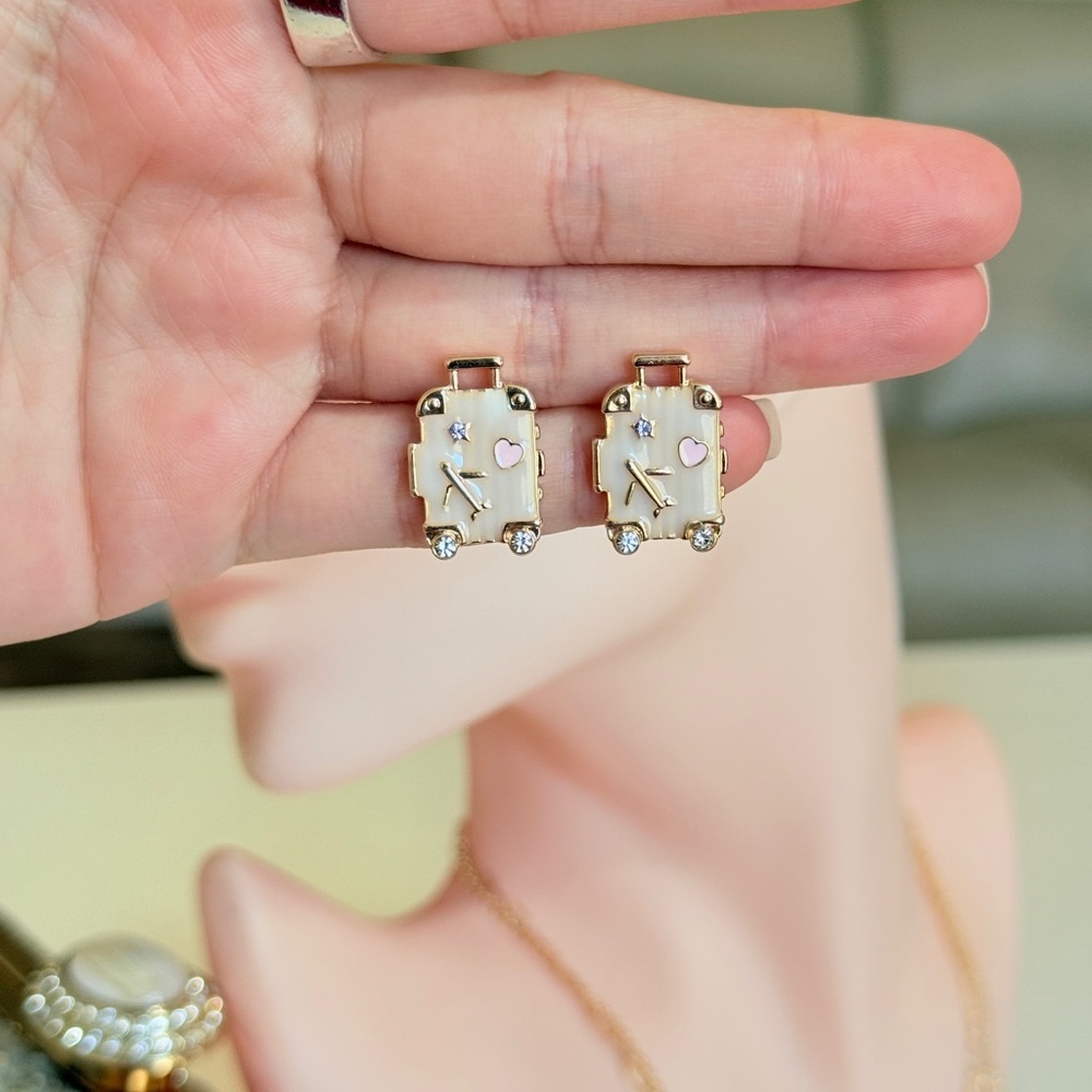Suitcase Gold and Pink Stud Earrings - Picture 9 of 11